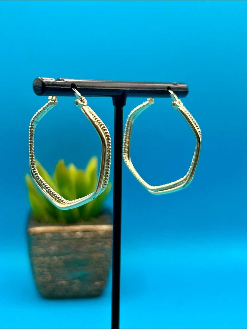 Gold Plated Textured Hexagon Hoop Earrings - Women Jewelry